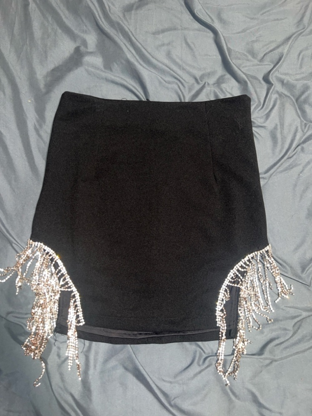 Adika Black Mini Skirt with Silver Beaded Fringe Hem